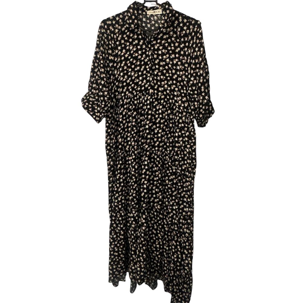 Natural Life Floral Midi Dress Medium Black Boho Tiered Button Front Rayon - Picture 2 of 8